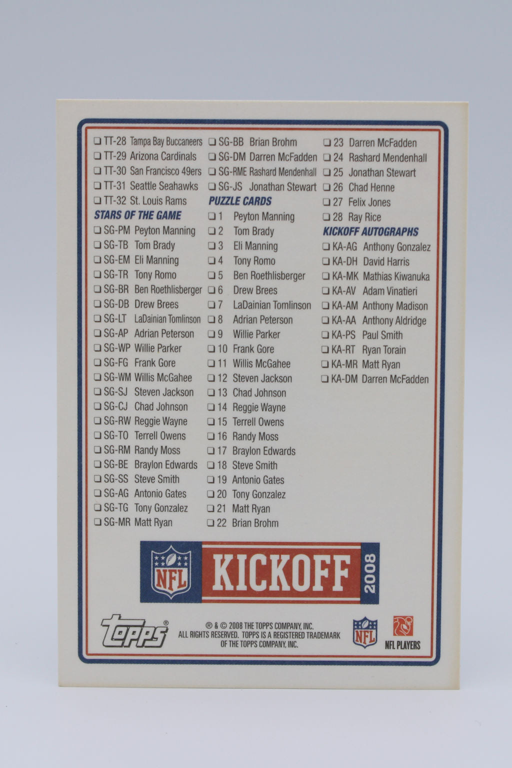 Topps Kickoff Checklist 2008